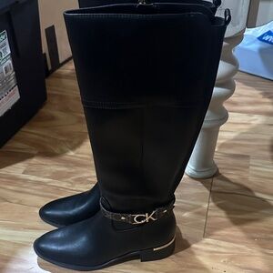 Calvin Klein Black Over the Knee Boots with Gold Accent